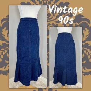 SOLD-Vintage 80s 90s DarkWash Denim Pleated Trumpet Midi Skirt Grunge Indie Punk